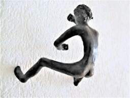 Last Copy/ Boy Bronze Hanging On Nylon Cord/ Boy Climbing Against The Wall Holding 2 Hands/ Black Patin/ Part Of Billies Family/ 6.7 - thumbnail 1