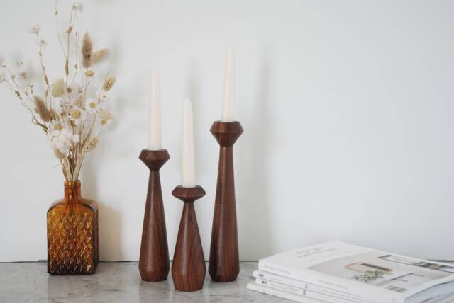 Set Of 3 Handturned Minimalist Wood Candlestick, Walnut Candle Holder, Scandinavian, Hygge Simple, Portabella - image 1