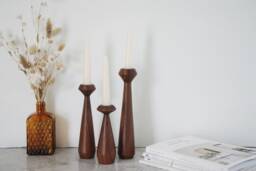 Set Of 3 Handturned Minimalist Wood Candlestick, Walnut Candle Holder, Scandinavian, Hygge Simple, Portabella - thumbnail 1