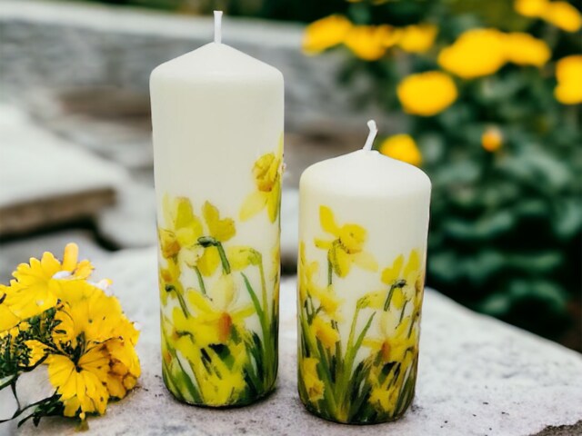 Set Of 2 Daffodil Tall Pillar Candles, Themed Candle Gift Set, Mothers Day Home Decorations - image 1