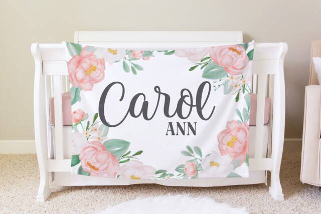 Pink Floral Personalized Baby Blanket, Custom Shower Gift, Boho Nursery Crib Hospital - image 1