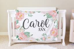 Pink Floral Personalized Baby Blanket, Custom Shower Gift, Boho Nursery Crib Hospital - thumbnail 1