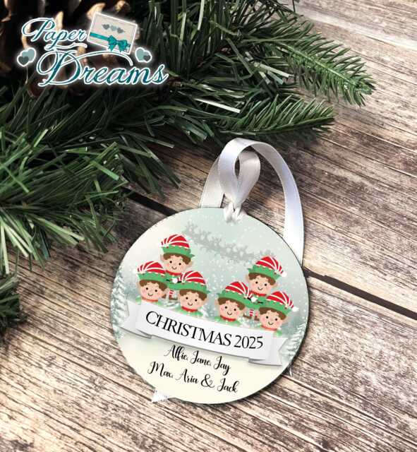 Personalized Elf Family Christmas Bauble Custom Names, Mdf Wood - image 1