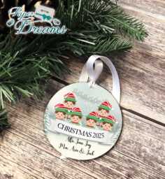 Personalized Elf Family Christmas Bauble Custom Names, Mdf Wood