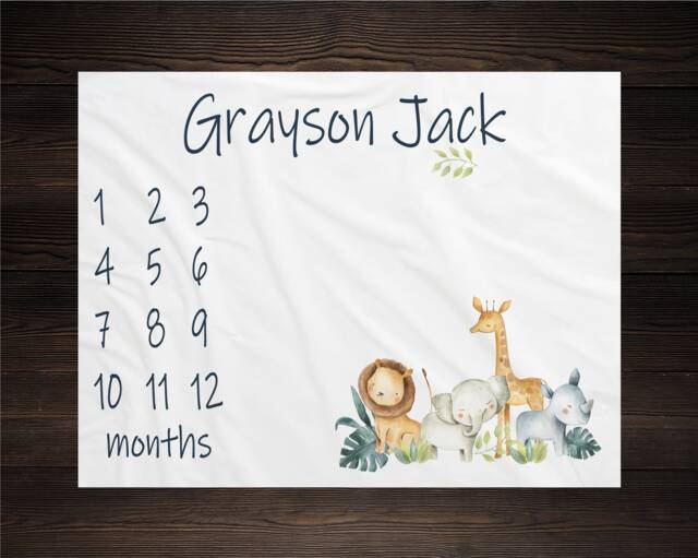 Jungle, Safari Milestone Blanket, Personalized, Monthly Growth Tracker, Custom Baby Shower Gift, Boy Newborn Nursery - image 1