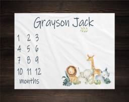 Jungle, Safari Milestone Blanket, Personalized, Monthly Growth Tracker, Custom Baby Shower Gift, Boy Newborn Nursery