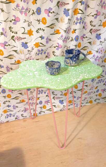 Cloud Coffee Table, Side, Balcony, Terrazzo On Metal Legs, Light Green - image 1