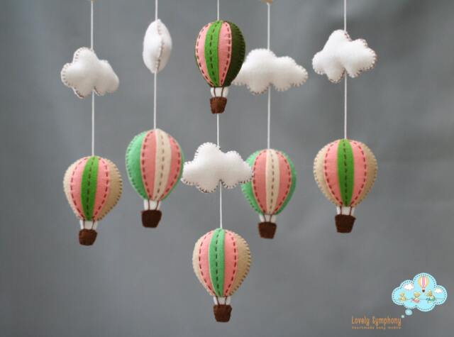 Handmade Hot Air Balloon Baby Mobile, Peach, Mint Green, Felt Cloud - image 1