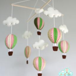Handmade Hot Air Balloon Baby Mobile, Peach, Mint Green, Felt Cloud - thumbnail 3