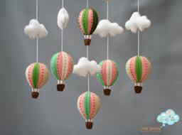 Handmade Hot Air Balloon Baby Mobile, Peach, Mint Green, Felt Cloud
