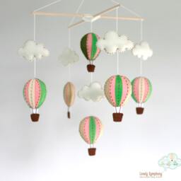 Handmade Hot Air Balloon Baby Mobile, Peach, Mint Green, Felt Cloud - thumbnail 2