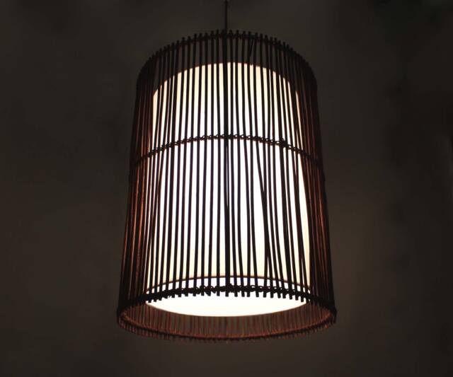 Rattan Cylindrical Pendant Light - Brown & White Parchment Shade - image 1