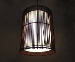 Rattan Cylindrical Pendant Light - Brown & White Parchment Shade - thumbnail 1