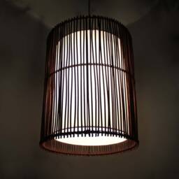 Rattan Cylindrical Pendant Light - Brown & White Parchment Shade - thumbnail 2