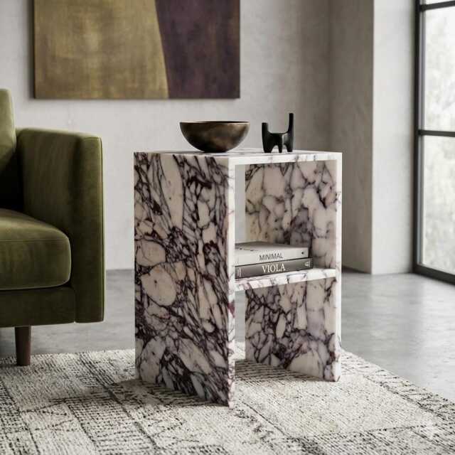 Calacatta Viola Genuine Marble Side Table - Open Shelf Nightstand - image 1