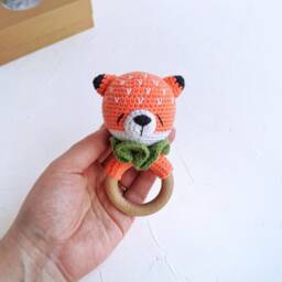 Crochet Fox Baby Toy With Beech Wood Ring Woodland Gift - thumbnail 3