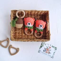 Crochet Fox Baby Toy With Beech Wood Ring Woodland Gift - thumbnail 2