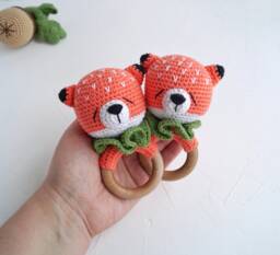 Crochet Fox Baby Toy With Beech Wood Ring Woodland Gift