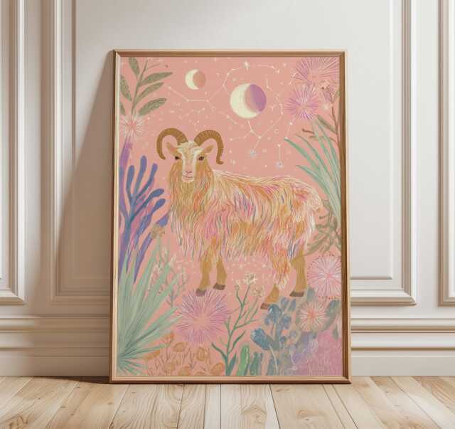 Capricorn Zodiac Art Print, Whimsical Goat Constellation Poster, Boho Celestial Wall Art, Pink Pastel Astrology Decor - image 1