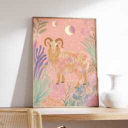 Capricorn Zodiac Art Print, Whimsical Goat Constellation Poster, Boho Celestial Wall Art, Pink Pastel Astrology Decor - thumbnail 2