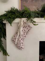 Handmade Linen Christmas Stocking, Burgundy Floral Block Print, Holiday Decor
