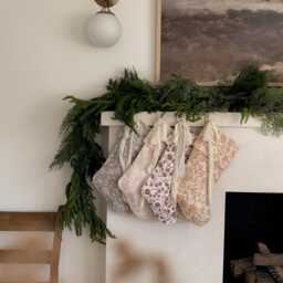 Handmade Linen Christmas Stocking, Burgundy Floral Block Print, Holiday Decor - thumbnail 4