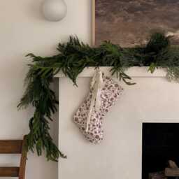 Handmade Linen Christmas Stocking, Burgundy Floral Block Print, Holiday Decor - thumbnail 3