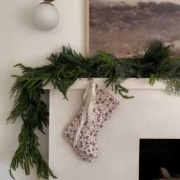 Handmade Linen Christmas Stocking, Burgundy Floral Block Print, Holiday Decor - thumbnail 2