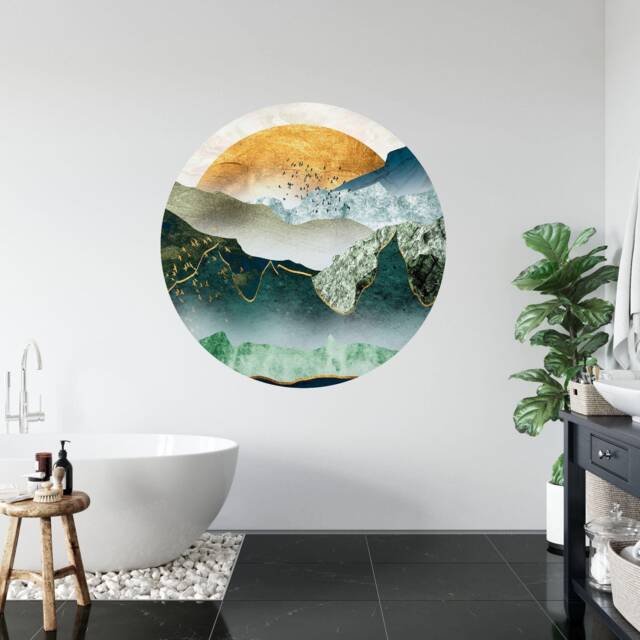 Green Golden Mountains Wall Decal, Sunset Circle Art, Removable Peel & Stick - image 1