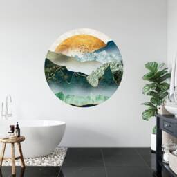 Green Golden Mountains Wall Decal, Sunset Circle Art, Removable Peel & Stick - thumbnail 1
