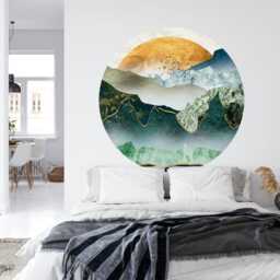 Green Golden Mountains Wall Decal, Sunset Circle Art, Removable Peel & Stick - thumbnail 2