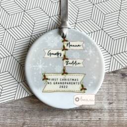 Personalised First Christmas As Grandparents Gran Grandma Nanna Snowflake Signpost Design Ceramic Or Acrylic Round Ornament Keepsake