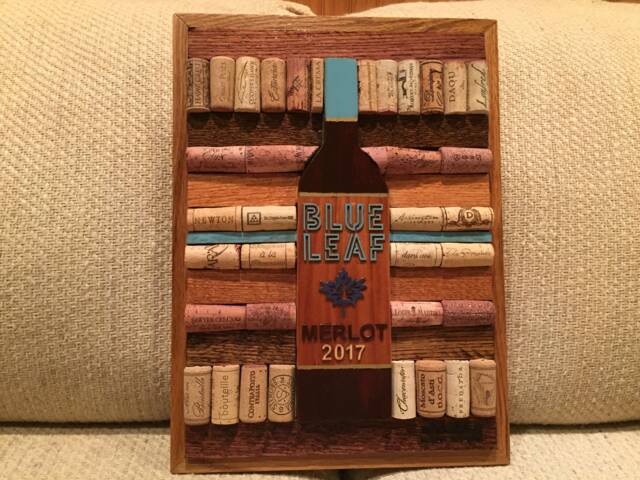 Wood Wall Art Sculpture Featuring A Hand Cut Wine Bottle Set in An Array Of Corks & Oak Wood Pieces Stained Variety Colors - image 1