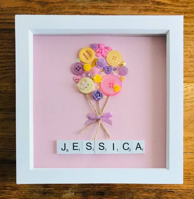 Name Personalised Button Art Shadow Box Frame - Hot Air Balloon Scrabble Baby Nursery Decor New Girls Bedroom Kids Wall - image 1