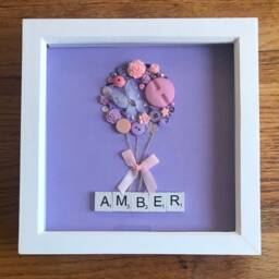 Name Personalised Button Art Shadow Box Frame - Hot Air Balloon Scrabble Baby Nursery Decor New Girls Bedroom Kids Wall - thumbnail 2