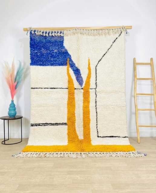 Blue Yellow Abstract Rug, Modern Moroccan Berber Carpet, Large Area Shag Minimalist Linear Decor, Custom Handmade Wool Mat - image 1