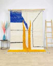 Blue Yellow Abstract Rug, Modern Moroccan Berber Carpet, Large Area Shag Minimalist Linear Decor, Custom Handmade Wool Mat - thumbnail 1