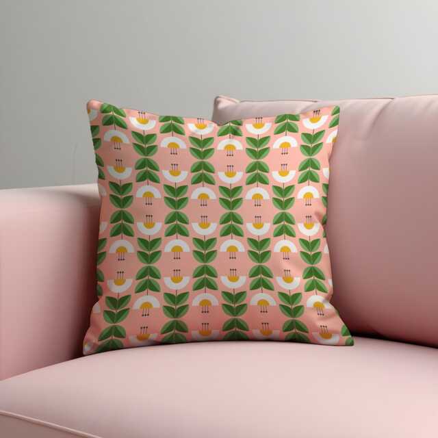Retro Floral Cushion Cover, Green Leaf & Yellow Flower Pillow Case, Mid Century Modern Throw Playful Decor - image 1