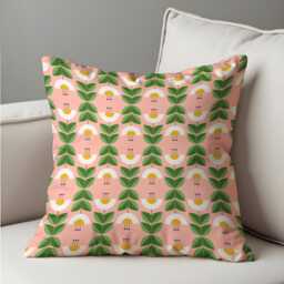 Retro Floral Cushion Cover, Green Leaf & Yellow Flower Pillow Case, Mid Century Modern Throw Playful Decor - thumbnail 2