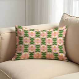 Retro Floral Cushion Cover, Green Leaf & Yellow Flower Pillow Case, Mid Century Modern Throw Playful Decor - thumbnail 3