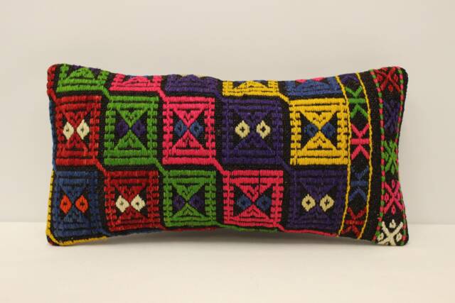 Vintage Turkish Kilim Lumbar Pillow Cover, 10x20 Wool Accent Cushion - image 1