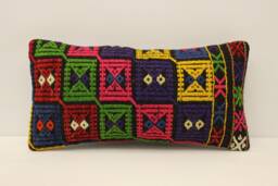 Vintage Turkish Kilim Lumbar Pillow Cover, 10x20 Wool Accent Cushion