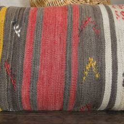 4060cm - 1624In Genuine Handwoven Vintage Kilim Pillow Cover - Hand Spun Wool Wide Band Rustic Worn Motifs - thumbnail 2