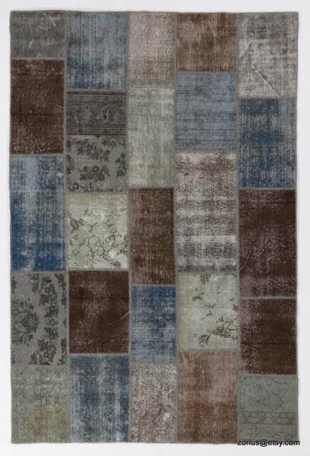 Handmade Turkish Patchwork Rug, Blue, Brown, Grey & Beige - image 1