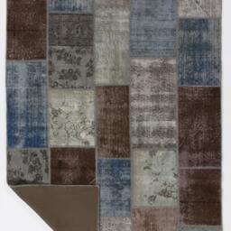 Handmade Turkish Patchwork Rug, Blue, Brown, Grey & Beige - thumbnail 2