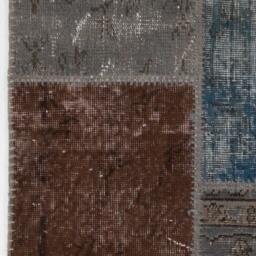 Handmade Turkish Patchwork Rug, Blue, Brown, Grey & Beige - thumbnail 4