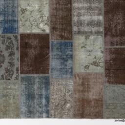 Handmade Turkish Patchwork Rug, Blue, Brown, Grey & Beige - thumbnail 3