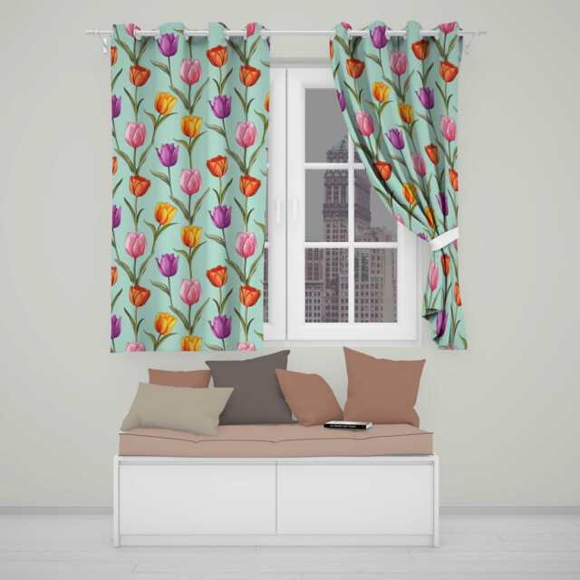 Elegant Tulip Floral Seamless Pattern Teal Background Spring Flowers Readymade Eyelet Ring Top Thermal 100% Blackout Curtains - image 1