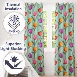 Elegant Tulip Floral Seamless Pattern Teal Background Spring Flowers Readymade Eyelet Ring Top Thermal 100% Blackout Curtains - thumbnail 3