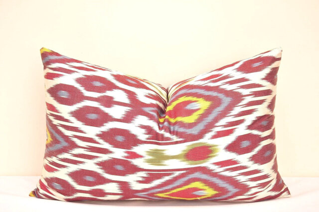 Dark Red Ikat Pillow Cover, Handloom Woven, Accent Throw - 14x23 Inches - image 1